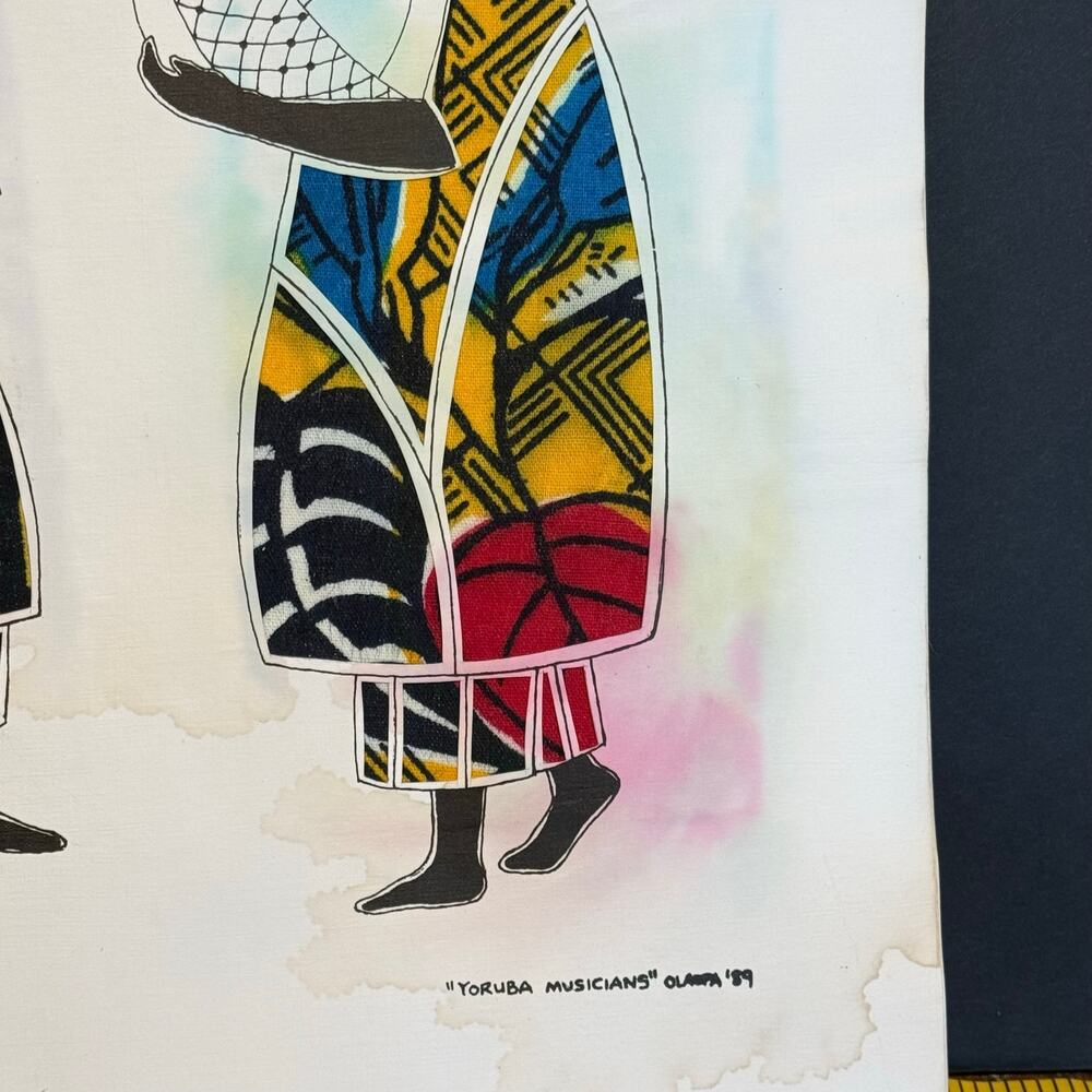 Oladele Olaopa Yoruba Musicians Fabric Collage Signed Art Distressed Bleed - Picture 3 of 8